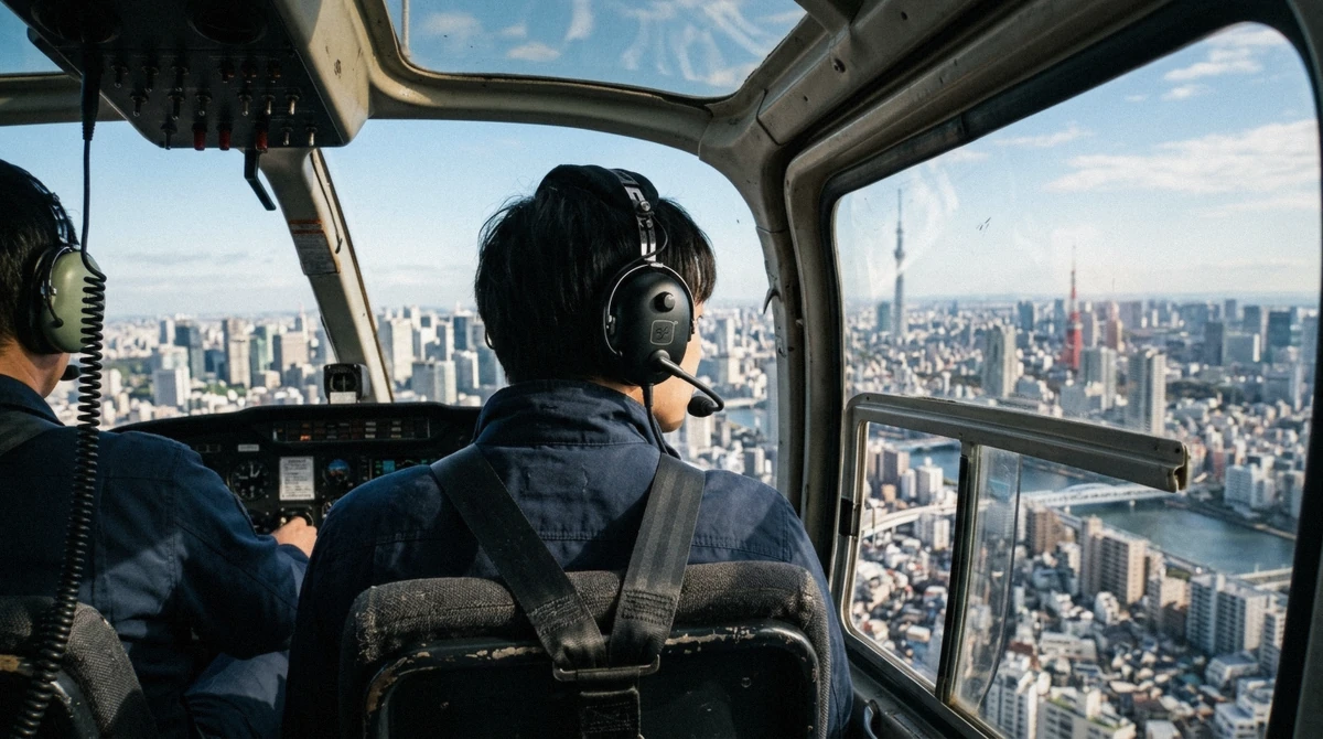 Inside the three-seat cabin of a Tokyo helicopter tour with kids, showing the compact seating and headsets used during the flight