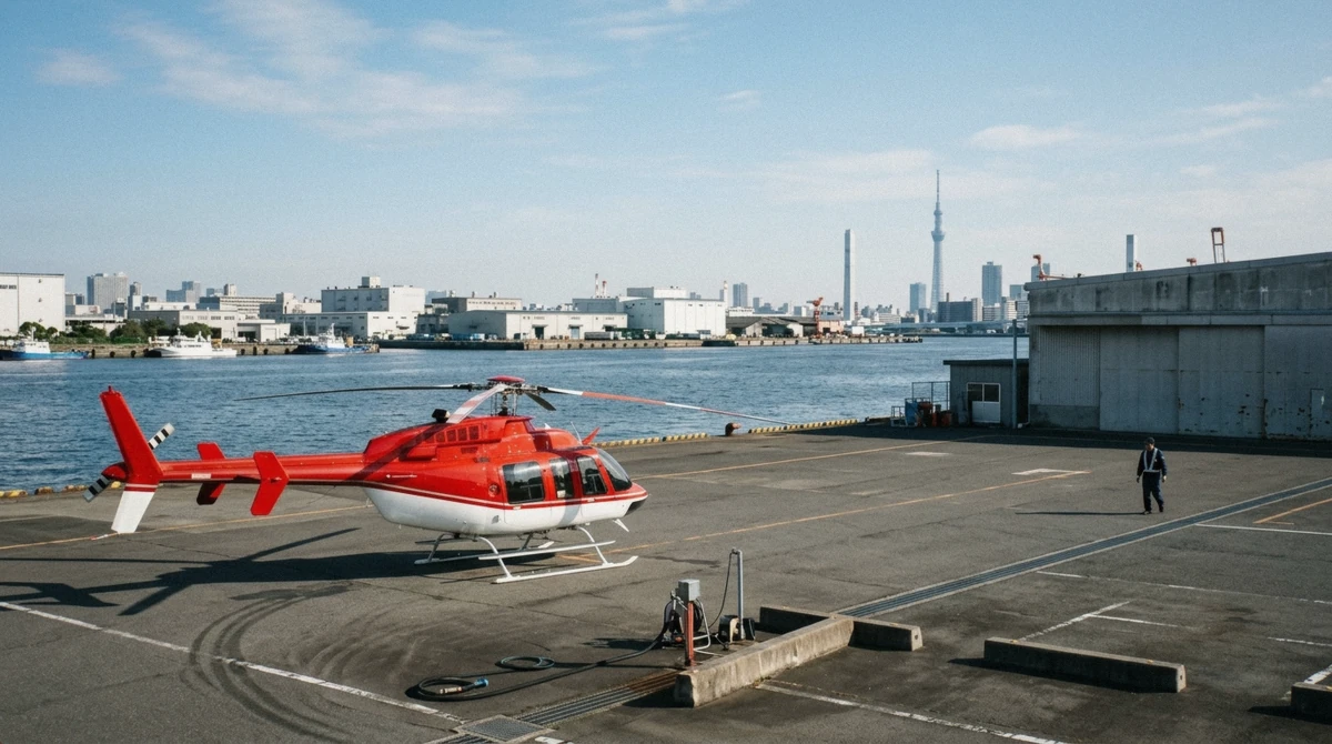 A red-and-white helicopter waiting on the Tokyo Heliport apron beside Tokyo Bay before a Tokyo helicopter tour departure